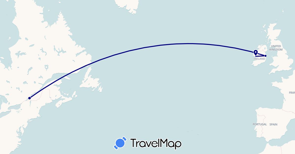TravelMap itinerary: driving in Canada, Ireland (Europe, North America)